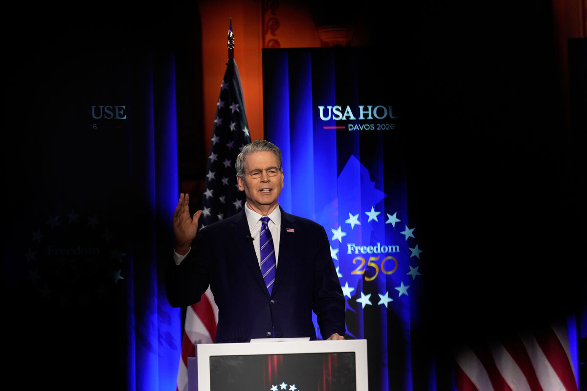 US Treasury Secretary Scott Bessent speaks at the USA house during the Annual Meeting of the World Economic Forum in Davos, Switzerland, Wednesday, Jan. 21, 2026. (AP Photo/Markus Schreiber)