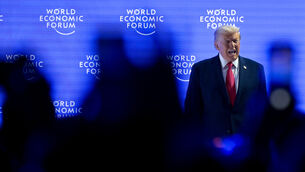 US President Donald Trump addressing the 56th annual meeting of the World Economic Forum in Davos (Gian Ehrenzeller/Keystone via AP)
