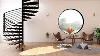 Modern and minimal stylish living room with furniture and large round window, 3d rendering