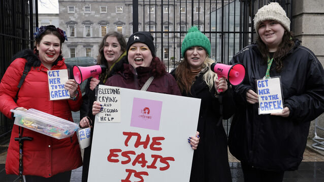 <p>Karolina Racka, Trea Ivory, Ciara Whelan, Megan Ní Raghlaigh, and Aoife Ivory, members of Her Voice Project, a grassroots advocacy group for better endometriosis healthcare, protesting outside the Dail on Wednesday. Picture: Conor Ó Mearáin/Collins</p>