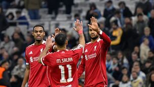 <p>ALLEZ, ALLEZ, ALLEZ: Liverpool’s Cody Gakpo  celebrates with Mohamed Salah and Ryan Gravenberch after scoring. Pic: AP Photo/Philippe Magoni.</p>