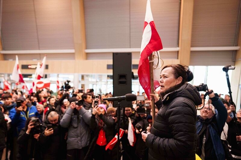Greenland Minister for Foreign Affairs and Research Vivian Motzfeldt speaks to people who were waiting for her arrival at airport of Nuuk, Greenland, on Tuesday, Jan. 20, 2026. Picture: AP Photo/Evgeniy Maloletka