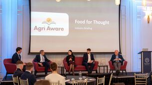 <p>(Left to right): Marcus O’Halloran (Agri Aware) chaired a panel discussion with Tadhg Buckley (IFA), Ksenija Simovic (COPA-COGEGA), Kevin Maher (Dairy Sustainability Ireland, Ibec), and Phelim O’Neill (Irish Farmers Journal) on the opportunities and challenges facing the sector.</p>
