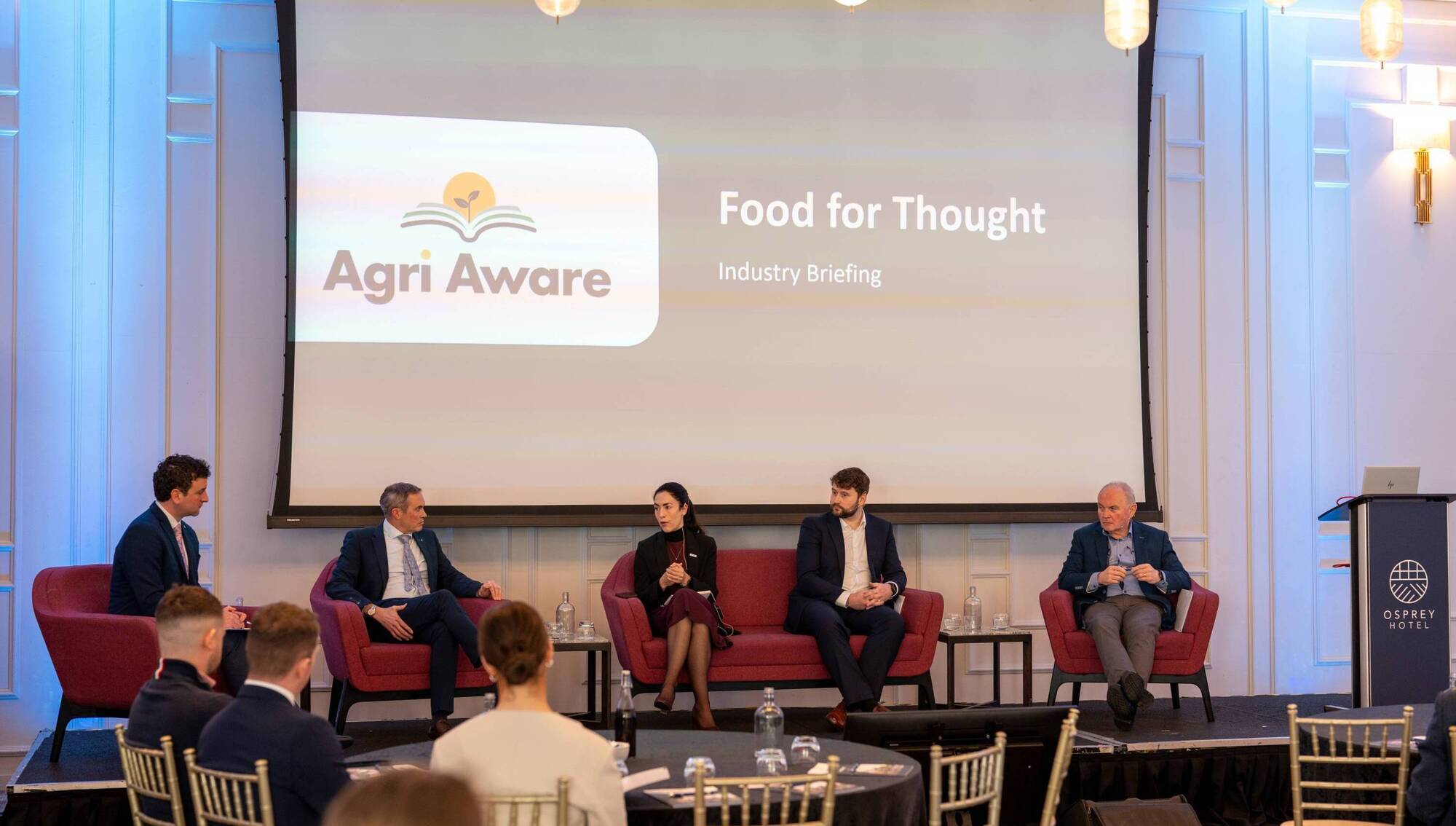 (Left to right): Marcus O’Halloran (Agri Aware) chaired a panel discussion with Tadhg Buckley (IFA), Ksenija Simovic (COPA-COGEGA), Kevin Maher (Dairy Sustainability Ireland, Ibec), and Phelim O’Neill (Irish Farmers Journal) on the opportunities and challenges facing the sector.