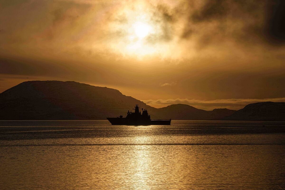 A Royal Danish Navy vessel, HDMS Knud Rasmussen, patrols near Nuuk, Greenland, on Thursday. Photo: AP/Evgeniy Maloletka