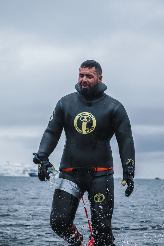 During his swim in Antarctica for Project Se7en Spencer Matthews had to wear a special wetsuit due to the ocean's low temperatures During his swim in Antarctica for Project Se7en Spencer Matthews had to wear a special wetsuit due to the ocean's low temperatures
