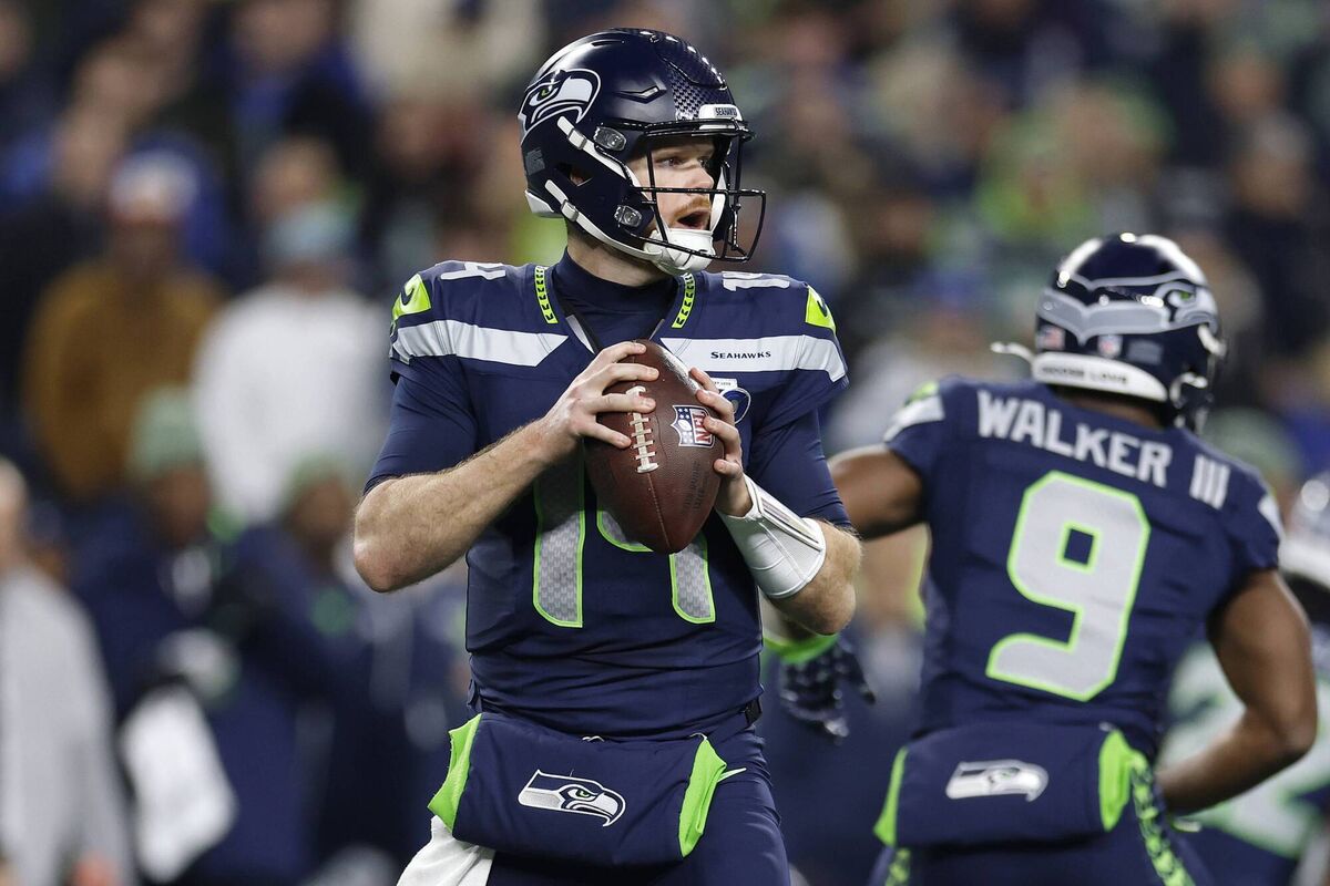 Sam Darnold of the Seattle Seahawks steps back to pass during the second quarter against the San Francisco 49ers in the NFC Divisional Playoff game at Lumen Field on January 17, 2026 in Seattle, Washington. (Photo by Harry How/Getty Images)