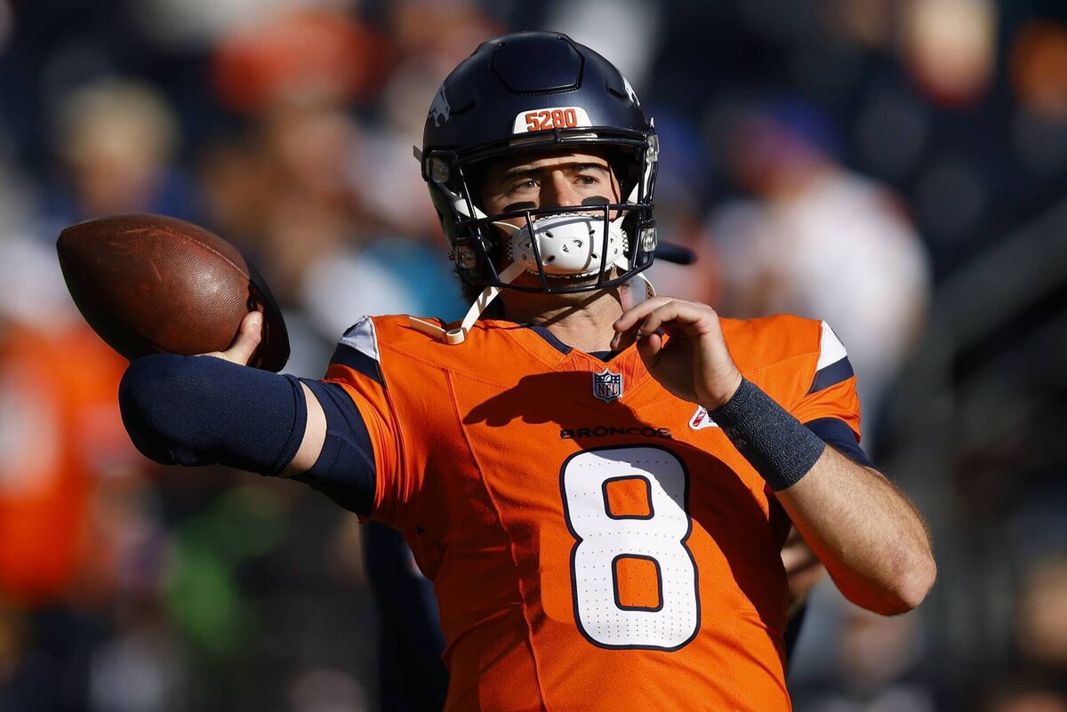 Jarrett Stidham of the Denver Broncos warms up prior to a game against the Jacksonville Jaguars at Empower Field At Mile High on December 21, 2025 in Denver, Colorado. (Photo by Justin Edmonds/Getty Images)