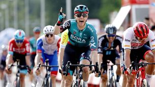 <p>Sam Bennett of Ireland and then Team Bora - Hansgrohe celebrates winning during the 77th Tour of Spain 2022, (Photo by Bas Czerwinski/Getty Images)</p>