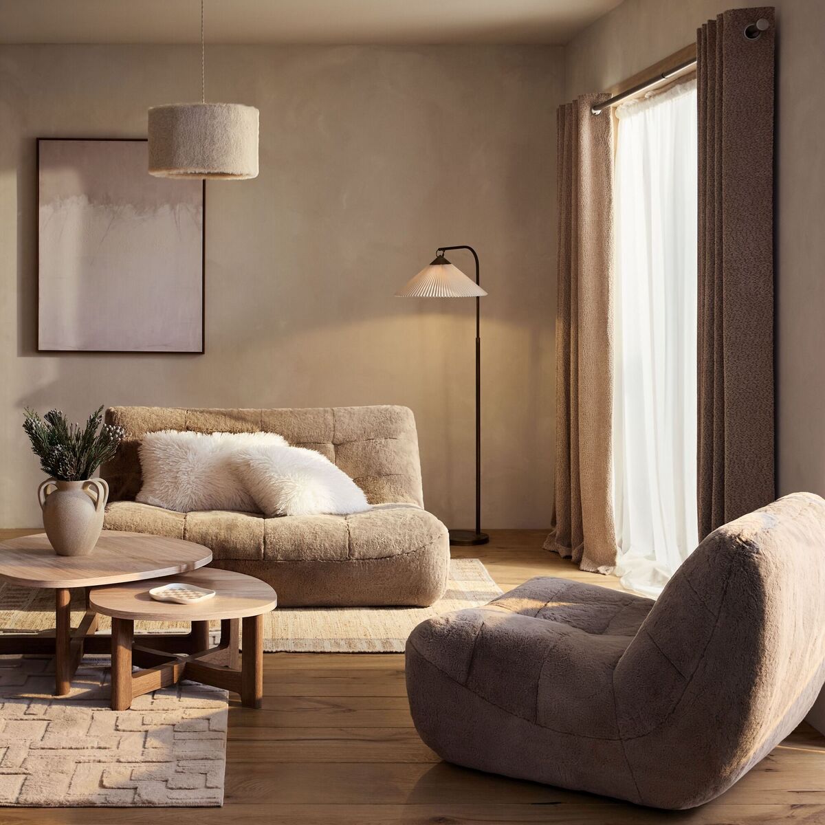  Sectional sofas were a feature of the 80s, although most were either leather or floral fabric. The Oslo faux-fur mink small three-seater is an up-to-date version; €994, Next.