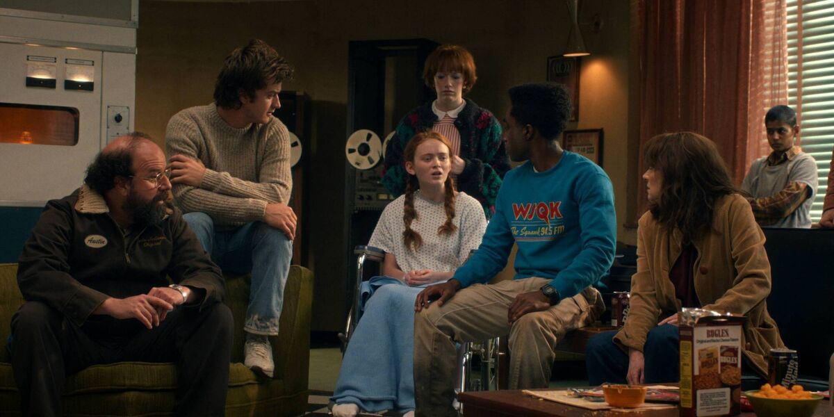 Amybeth McNulty (back, centre) with other members of the cast in the final season of Stranger Things.  