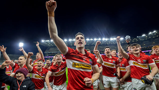 <p>ECSTACY: Dingle’s Paul Geaney celebrates with teammates after the whistle in Croke Park. Pic: James Crombie/Inpho</p>