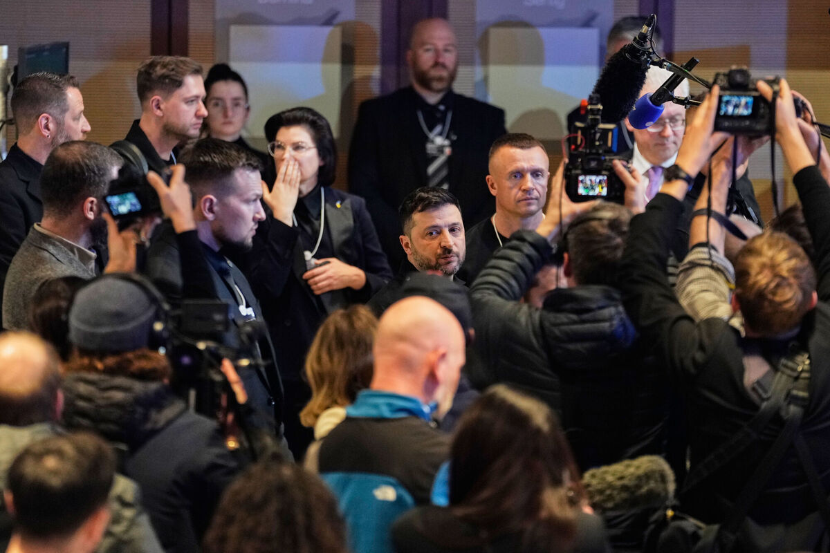Ukraine's President Volodymyr Zelenskyy, centre, talks to the media at the Annual Meeting of the World Economic Forum in Davos, Switzerland, Thursday, Jan. 22, 2026. Picture: AP Photo/Markus Schreiber