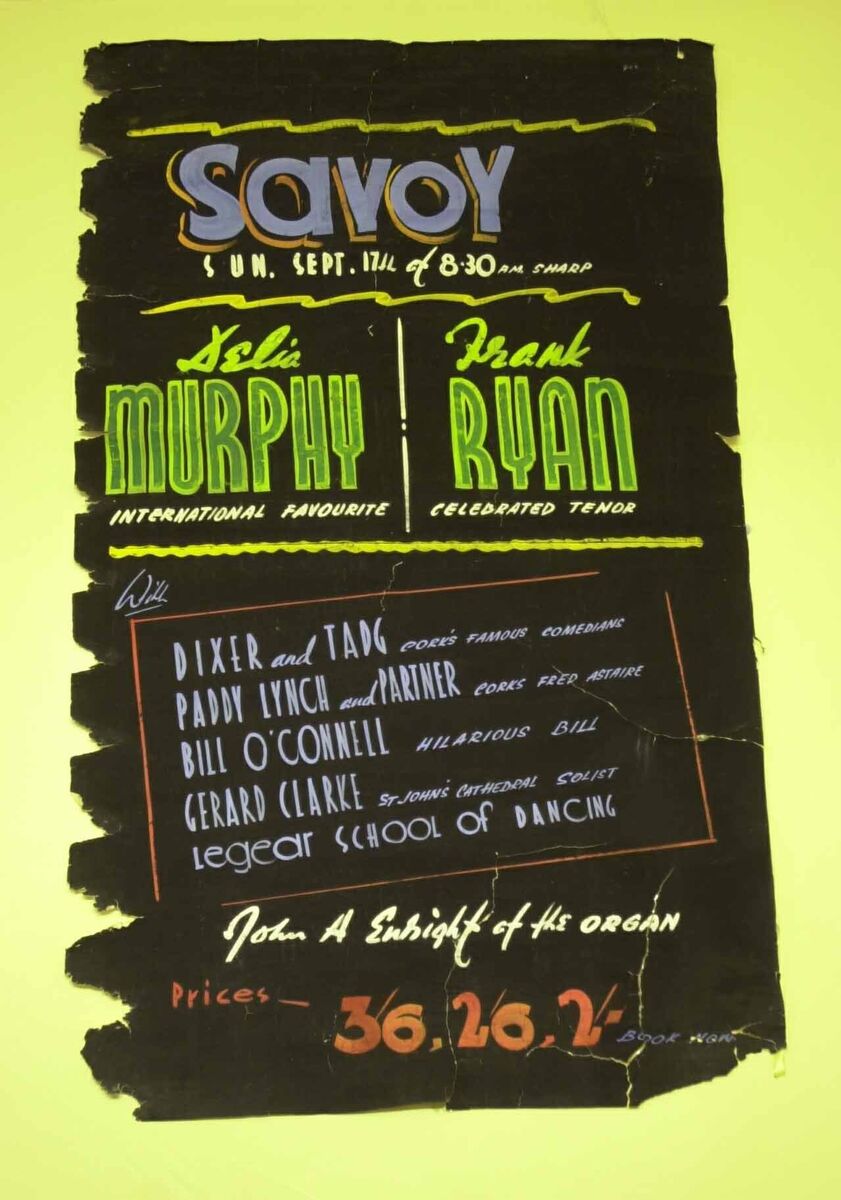 A poster hanging on the wall at St Patrick's Parish Hall, Tallow bringing back memories of when the poster was outside the Savoy in Cork in the late 1940's advertising a show when Frank Ryan was in concert there. ryan plaque. Picture: Denis Minihane.