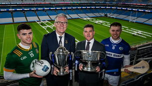 <p>Allianz on Thursday announced the launch of the 2026 Allianz Football and Hurling Leagues, marking the start of a new season and their 34th year as title sponsor of the inter-county competition.  Pictured at the launch are Uachtarán Chumann Lúthchleas Gael Jarlath Burns and Geoff Sparling, Chief Customer Officer at Allianz plc, with Eoghan Frayne of Meath, left, and Aidan Corry of Laois. Photo by Ray McManus/Sportsfile</p>