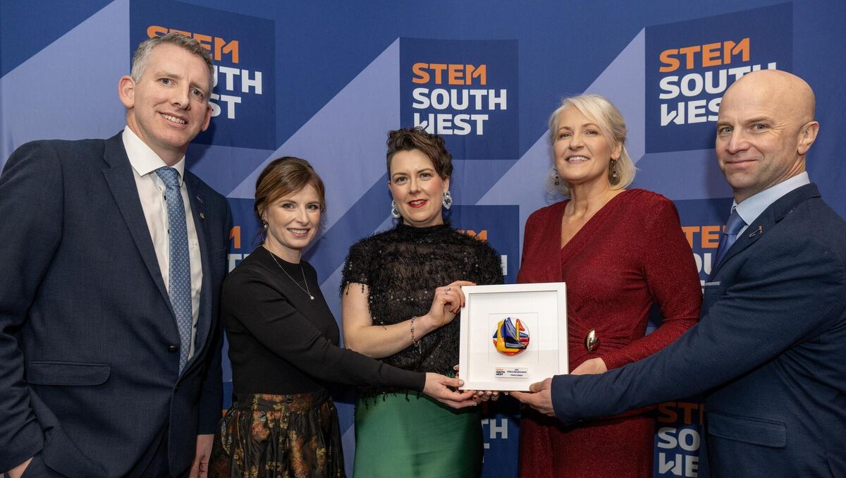 Patrick Doyle, IDA and judge; Eva Spillane, Mary O'Sullivan and Claire Doyle, all Firies NS and Ronan Hayes, Stem SW board members at the STEM South West awards ceremony at Cork County Hall. 