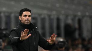 <p>STEADY NOW: Arsenal manager Mikel Arteta reacts during the Champions League win over Inter Milan (Photo by Alberto PIZZOLI / AFP via Getty Images)</p>