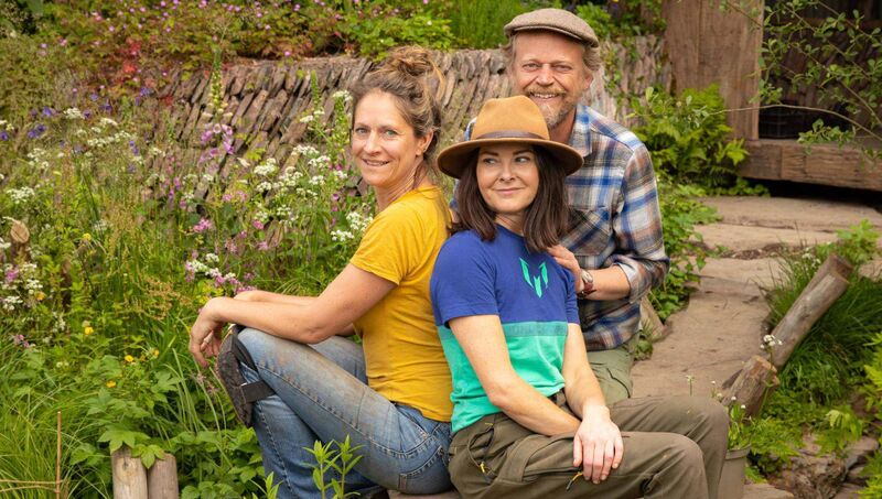 Valerie Keating Bond, from Cork, (front), with landscape designers Lulu Urquhart and Adam Hunt in their Rewilding Britain garden which won the top award at the 2022 Chelsea Flower Show. Lulu and Adam will address the 2026 GLDA seminar. Picture: Tammy Marlar
