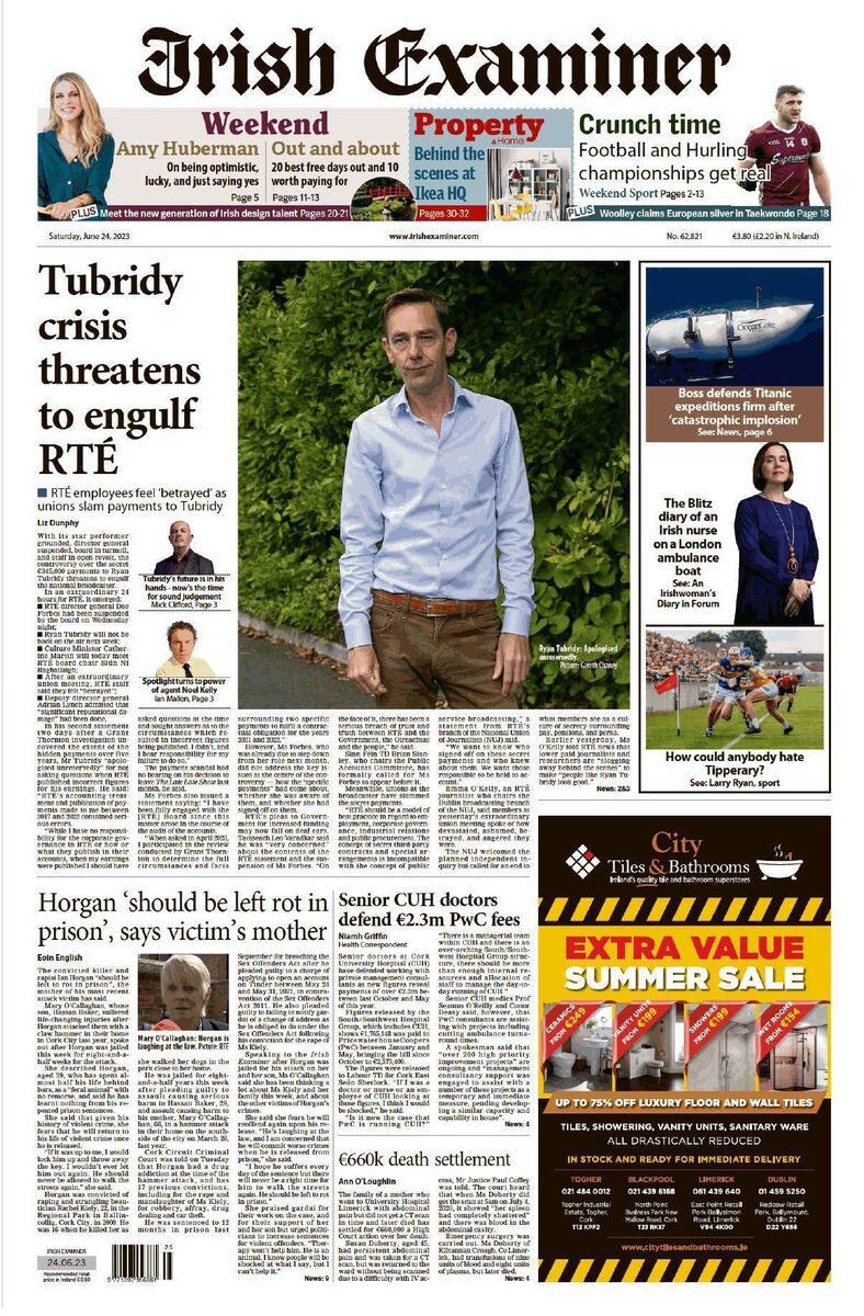 Ryan Tubridy remained on the front pages through much of 2023, including in the 'Irish Examiner' on Saturday, June 24.