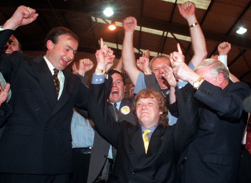 Then education minister Micheál Martin congratulating Brian Crowley MEP who was re-elected on the first count in the 1999 European election at the count centre at Neptune Stadium, Cork. Picture: Dan Linehan Then education minister Micheál Martin congratulating Brian Crowley MEP who was re-elected on the first count in the 1999 European election at the count centre at Neptune Stadium, Cork. Picture: Dan Linehan