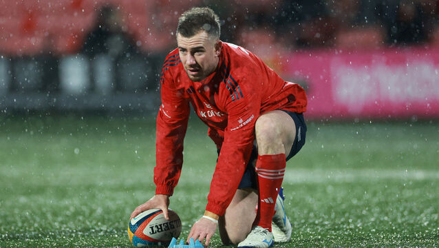 <p>Munster out-half JJ Hanrahan suffered a hamstring injury during the warm-up for the URC victory over the Dragons. Pic: ©INPHO/James Crombie</p>