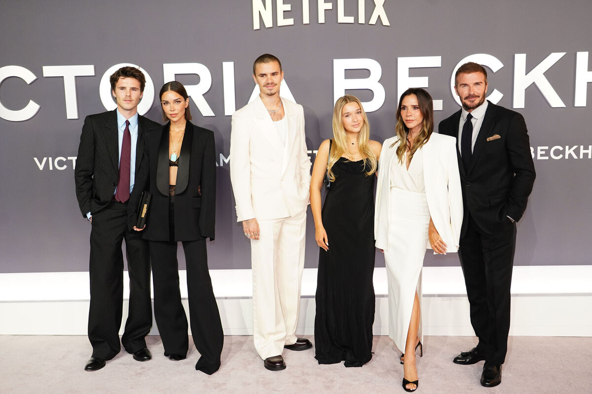 Cruz Beckham, Jackie Apostel, Romeo Beckham, Harper Beckham, Victoria Beckham and David Beckham attending the world premiere of the Netflix documentary series, Victoria Beckham, in London earlier this year. Picture: Ian West/PA Wire