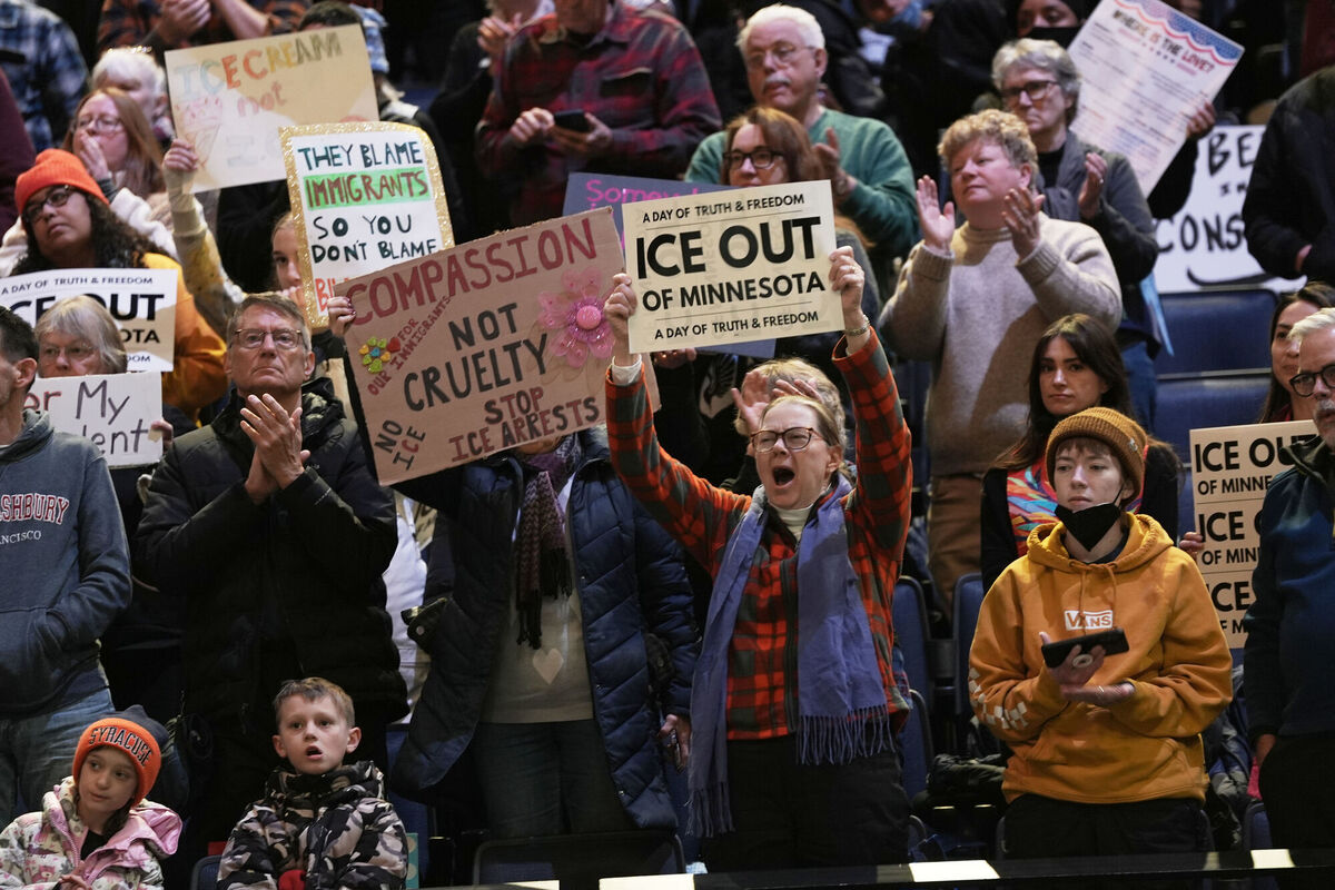 Attendees hold signs during a rally against federal immigration enforcement at Target Center on Friday, Jan. 23, 2026, in Minneapolis. Picture: AP Photo/Angelina Katsanis Attendees hold signs during a rally against federal immigration enforcement at Target Center on Friday, Jan. 23, 2026, in Minneapolis. Picture: AP Photo/Angelina Katsanis
