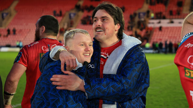 <p>Scarlets' Blair Murray and Archer Holz celebrate after their side's victory over Ulster. Pic: ©INPHO/Geraint Nicholas</p>