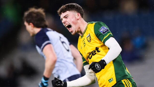 <p>Donegal's Shea Malone celebrates after scoring his side's goal. Pic: ©INPHO/Tom Maher.</p>