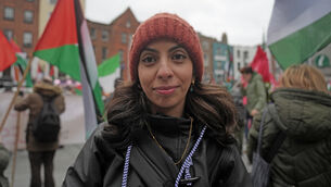 <p>Eman Mohammed joined members of the Dublin branch of the Ireland-Palestine Solidarity Campaign (IPSC) at the march. Picture: Brian Lawless/PA</p>