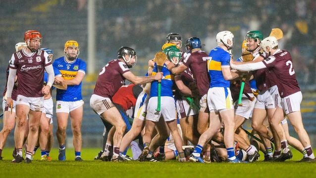 <p>SCRAP: Both teams get into a tussle during the game. Pic: ©INPHO/James Lawlor.</p>