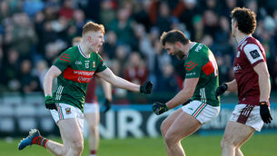 <p>Mayo’s Darragh Beirne celebrates scoring his side's second goal with Aidan O’Shea, Pic: ©INPHO/James Crombie</p>