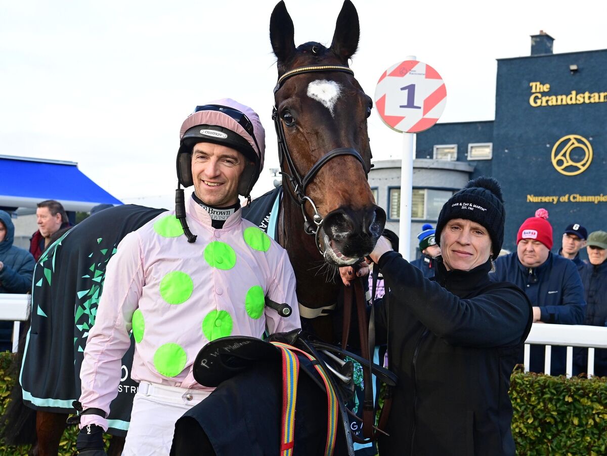 Love Sign D'aunou and Patrick Mullins with Elena Ustinov after winning the Aloga Equestrian (Pro/Am) Flat Race. Pic: Healy Racing