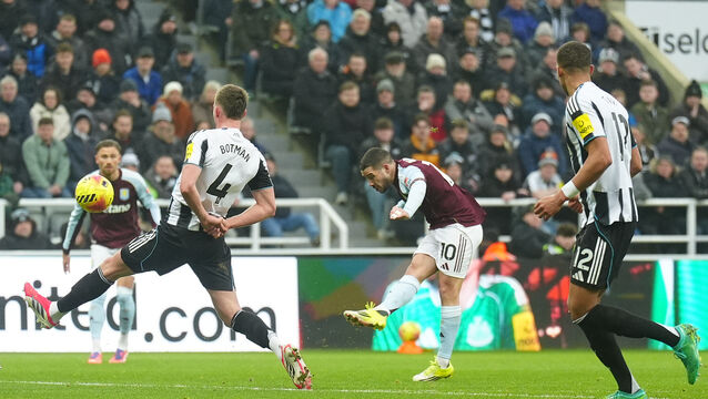 <p>Emi Buendia scores Villa’s first goal (Owen Humphreys/PA)</p>