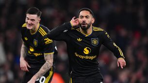 <p>Manchester United's Matheus Cunha celebrates his late winner. Pic: Mike Egerton/PA</p>