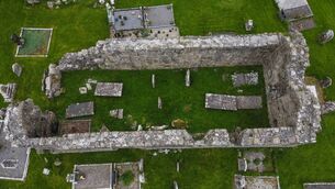 <p> An aerial view of St Manchan's church at the ancient monastic site at Lemanaghan, Co Offaly. Picture: Annie Holland</p>