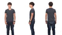 front and side and back  view of same teenage boy standing on white background,