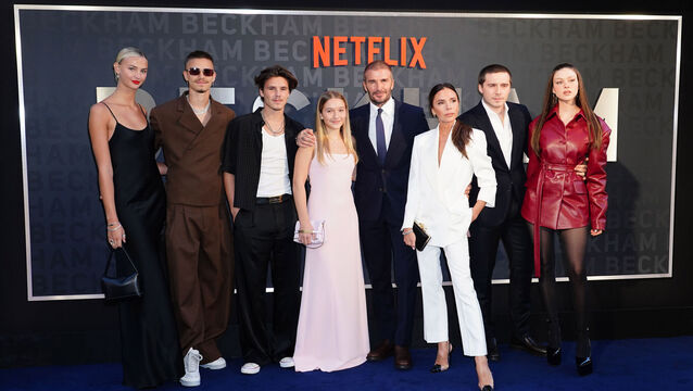 <p>From left: Mia Regan, Romeo Beckham, Cruz Beckham, Harper Beckham, David Beckham, Victoria Beckham, Brooklyn Beckham and Nicola Peltz arrive for the premiere of Netflix's documentary series 'Beckham' at the Curzon Mayfair in London.  Picture: Ian West/PA Wire</p>