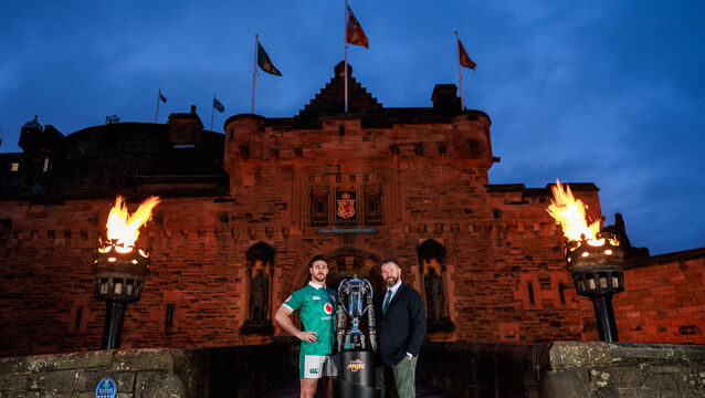 <p>Ireland's Caelan Doris and head coach Andy Farrell joined rivals from all Six Nations unions at Edinburgh Castle to celebrate the start of the Championship. Pic: INPHO/Billy Stickland</p>