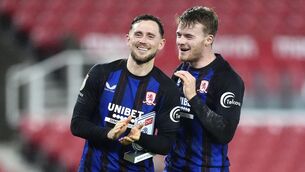 <p>Middlesbrough's Alan Browne (left) and Tommy Conway applaud the fans following victory in the Sky Bet Championship match at the bet365 Stadium, Stoke-on-Trent. Pic: Nick Potts/PA Wire.</p>