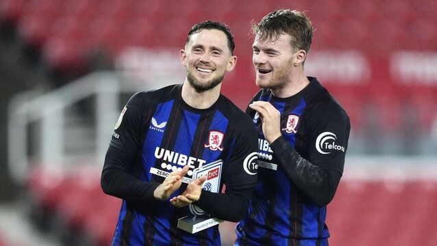 <p>Middlesbrough's Alan Browne (left) and Tommy Conway applaud the fans following victory in the Sky Bet Championship match at the bet365 Stadium, Stoke-on-Trent. Pic: Nick Potts/PA Wire.</p>