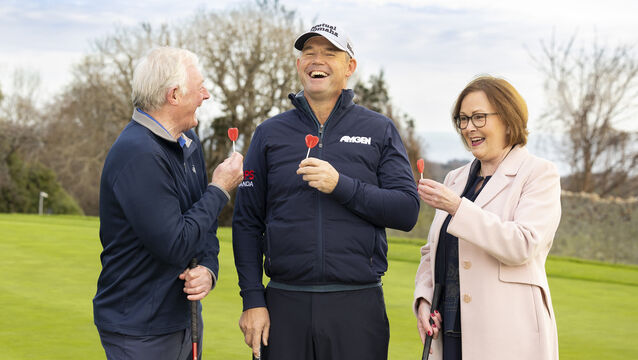 <p> (Left to right) John Claffey, patient advocate for the Oesophageal Cancer Fund (OCF), Padraig Harrington, patron of OCF and Gillian Schorman patient advocate at the launch of the OCF Lollipop Day 2026. Picture: Jason Clarke</p>