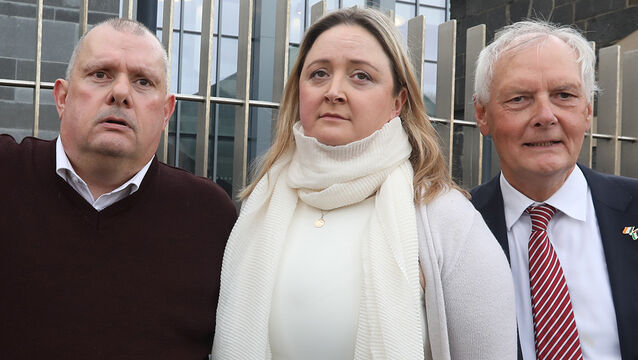 <p class="contextmenu internal_Caption"> Retired superintendent Eamon O'Neill, Sergeant Anne-Marie Hassett, and solicitor Dan O’Gorman outside Limerick Courthouse on Monday after all five defendants were found not guilty of a total of 39 counts of unlawfully interfering in potential or pending prosecutions involving 26 motorists. Picture: Brendan Gleeson</p>