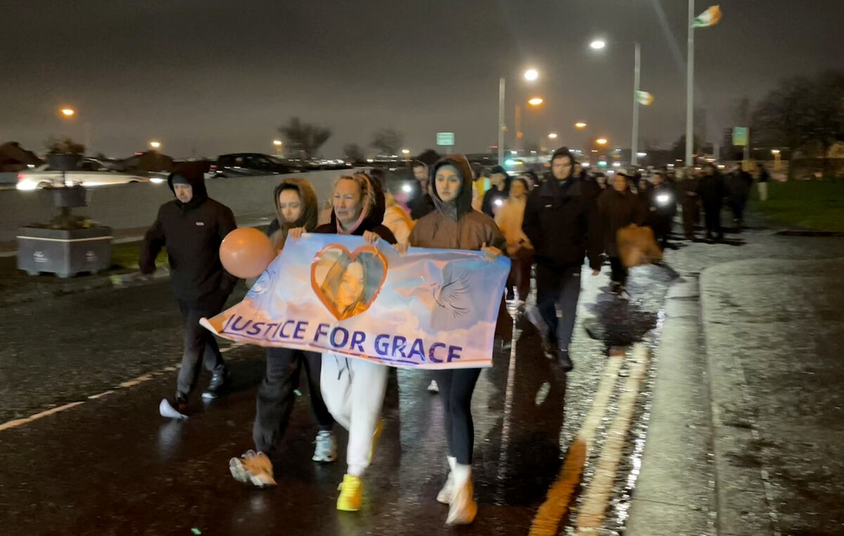 Siobhan Lynch, the mother of a teenage girl who died after a scrambler crash in north Dublin, has called for them to be taken off the road, takes part in a walk in memory of her daughter Picture: Grainne Ni Aodha/PA 