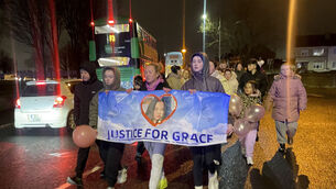 <p>Siobhan Lynch (front centre), the mother of a teenage girl who died after a scrambler crash in north Dublin, has called for them to be taken off the road, takes part in a walk in memory of her daughter Grace. Picture:  Grainne Ni Aodha/PA </p>