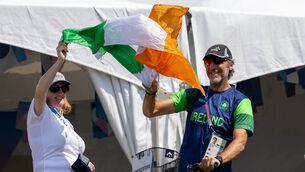 <p>Dr. Una May, CEO Sport Ireland, cheers on Irish rowers with former Rowing Ireland high performance director Antonio Maurogiovanni at the Paris Olympic Games. Pic: ©INPHO/Morgan Treacy</p>