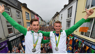 <p>Paul O'Donovan (left) and Gary O'Donovan (right) in Skibbereen celebrating their silver medal success at the 2016 Rio Olympics. Picture: Brendan Moran/Sportsfile</p>