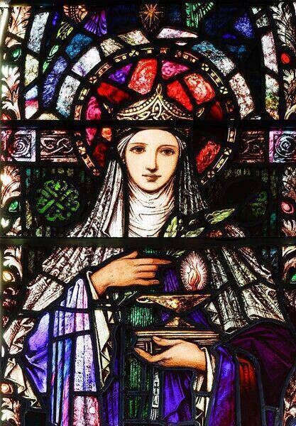 Stainglass window of St Brigid