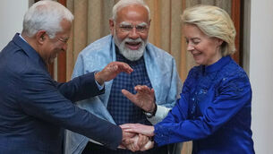 <p>European Council president Antonio Costa with Indian prime minister Narendra Modi and EU Commission president Ursula von der Leyen. </p>