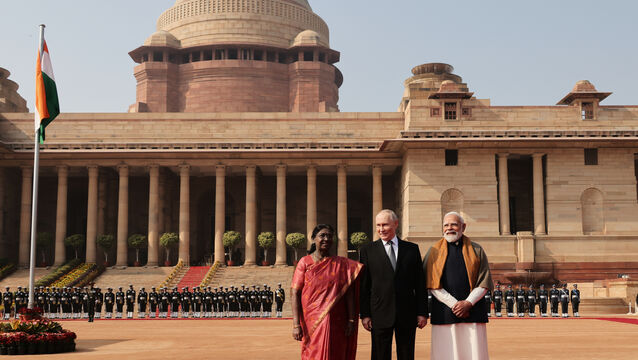 <p>Vladimir Putin with Indian president Droupadi Murmu, left, and prime minister Narendra Modi at a ceremonial reception in New Delhi last year. India has made it clear that Europe does not get to decide the moral compass of the rest of the world.<span class="contextmenu emphasis CaptionCredit">	Picture: AP</span>
            </p>